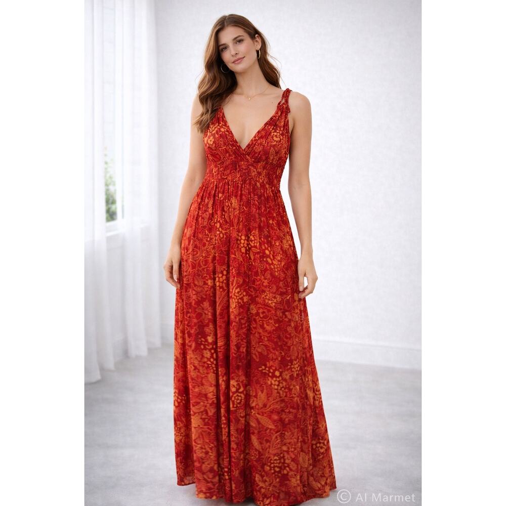 Patrons of Peace Red Berry Floral Smocked Wide Leg Jumpsuit Small Boho NWT